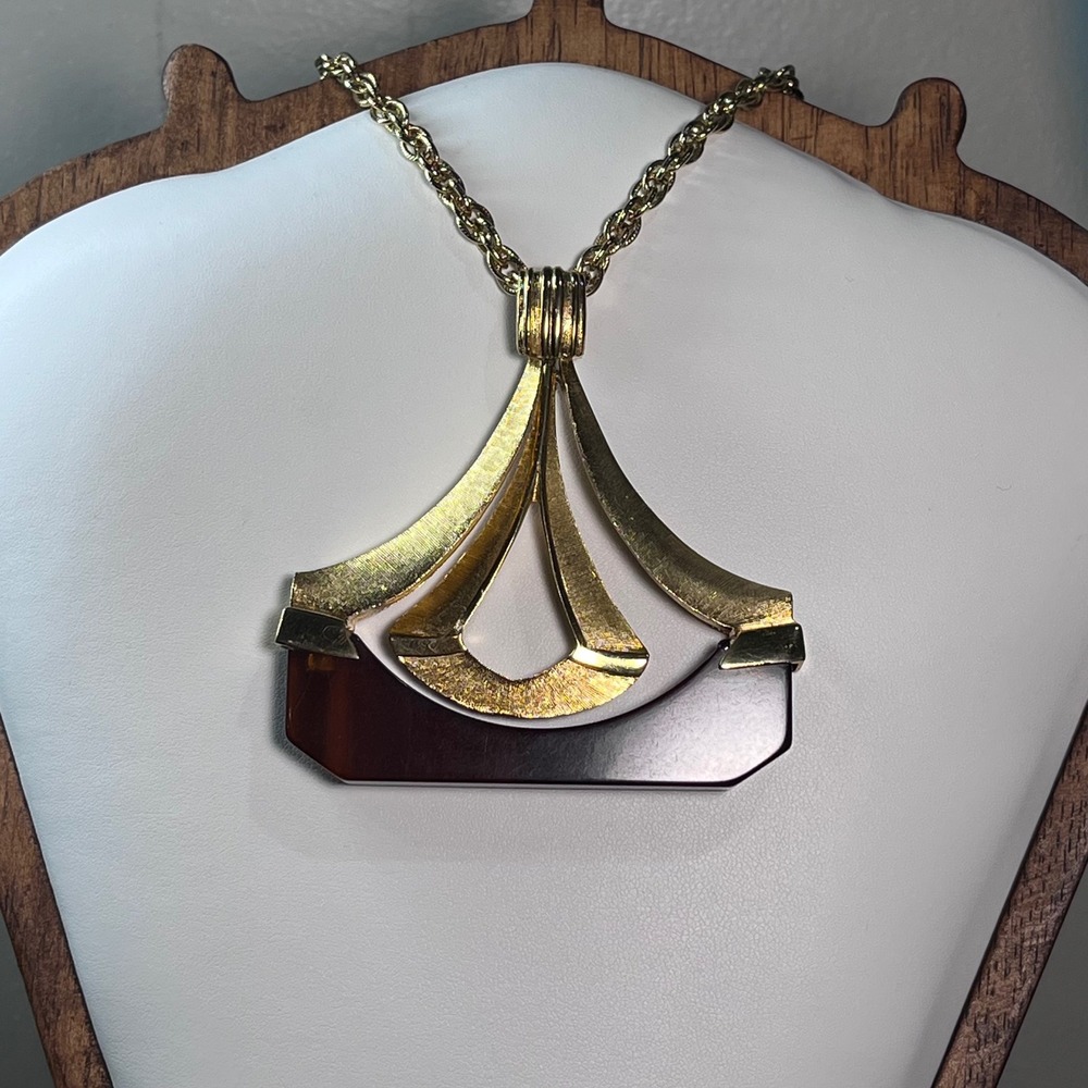 Vtg Alice Caviness Gold Tone Amber Lucite Art Deco Statement Necklace 22 Inch